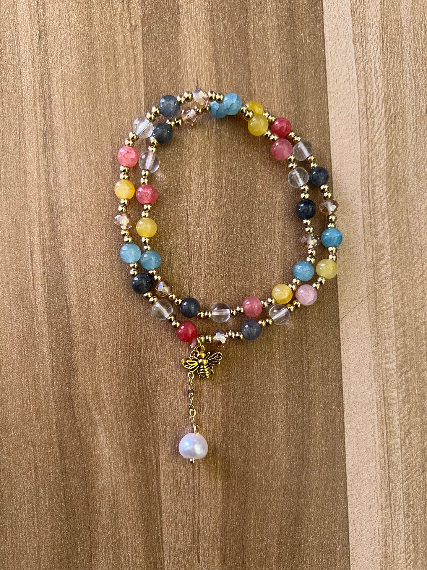 Pulsera vintage de perlas de cristal de doble capa