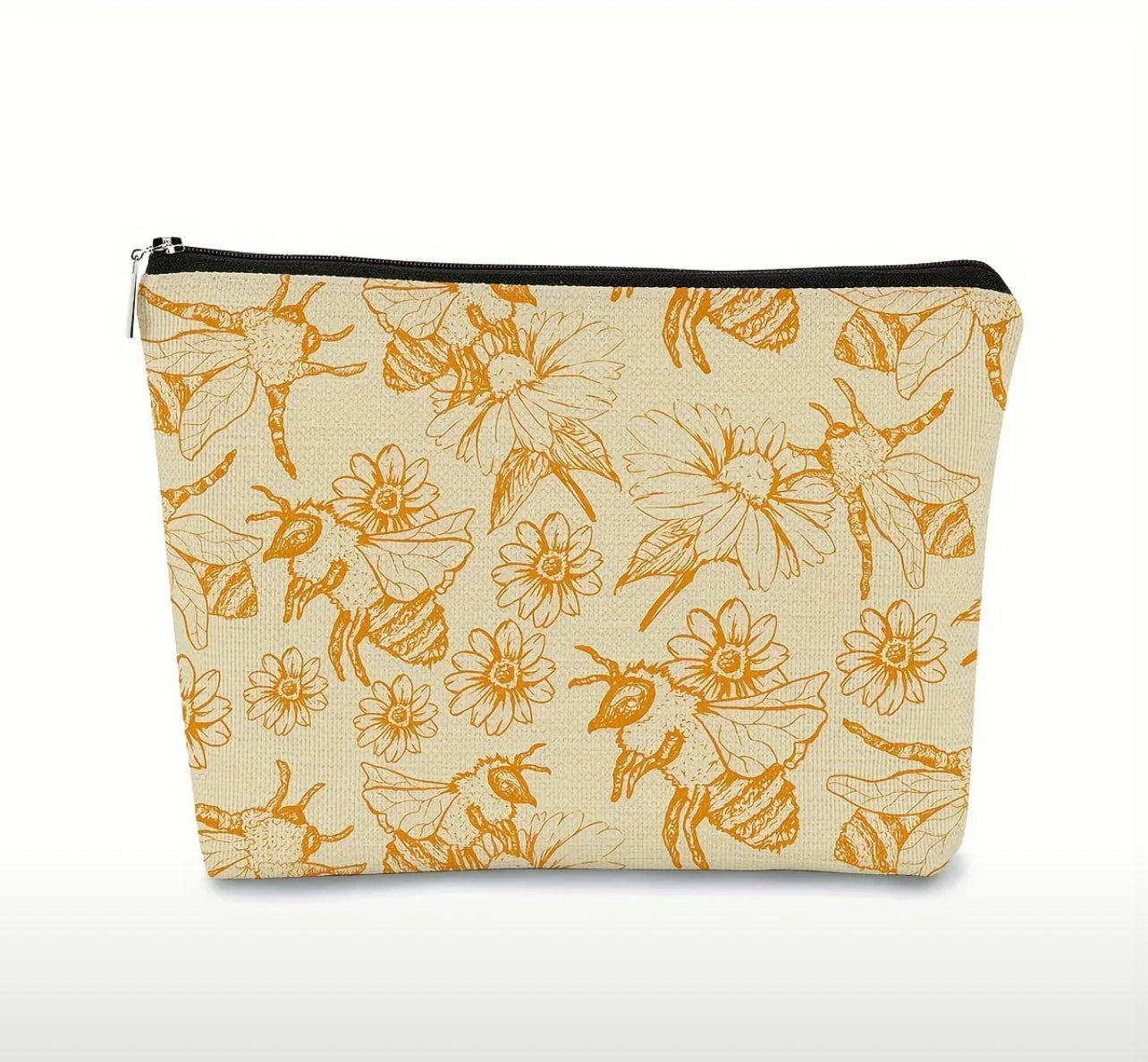 Bolsa de cosméticos con diseño de abejas y margaritas silvestres