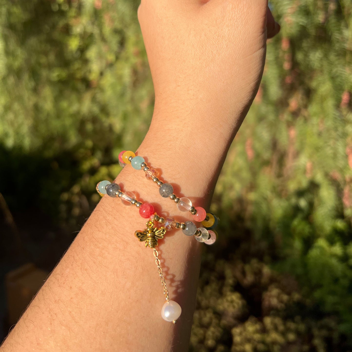 Pulsera vintage de perlas de cristal de doble capa