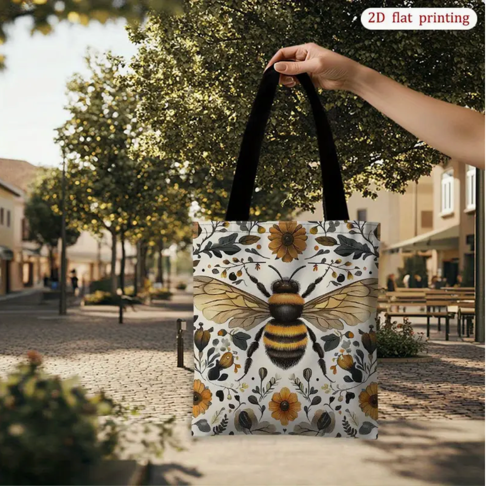 Bolsa de lona con diseño de abejas y flores