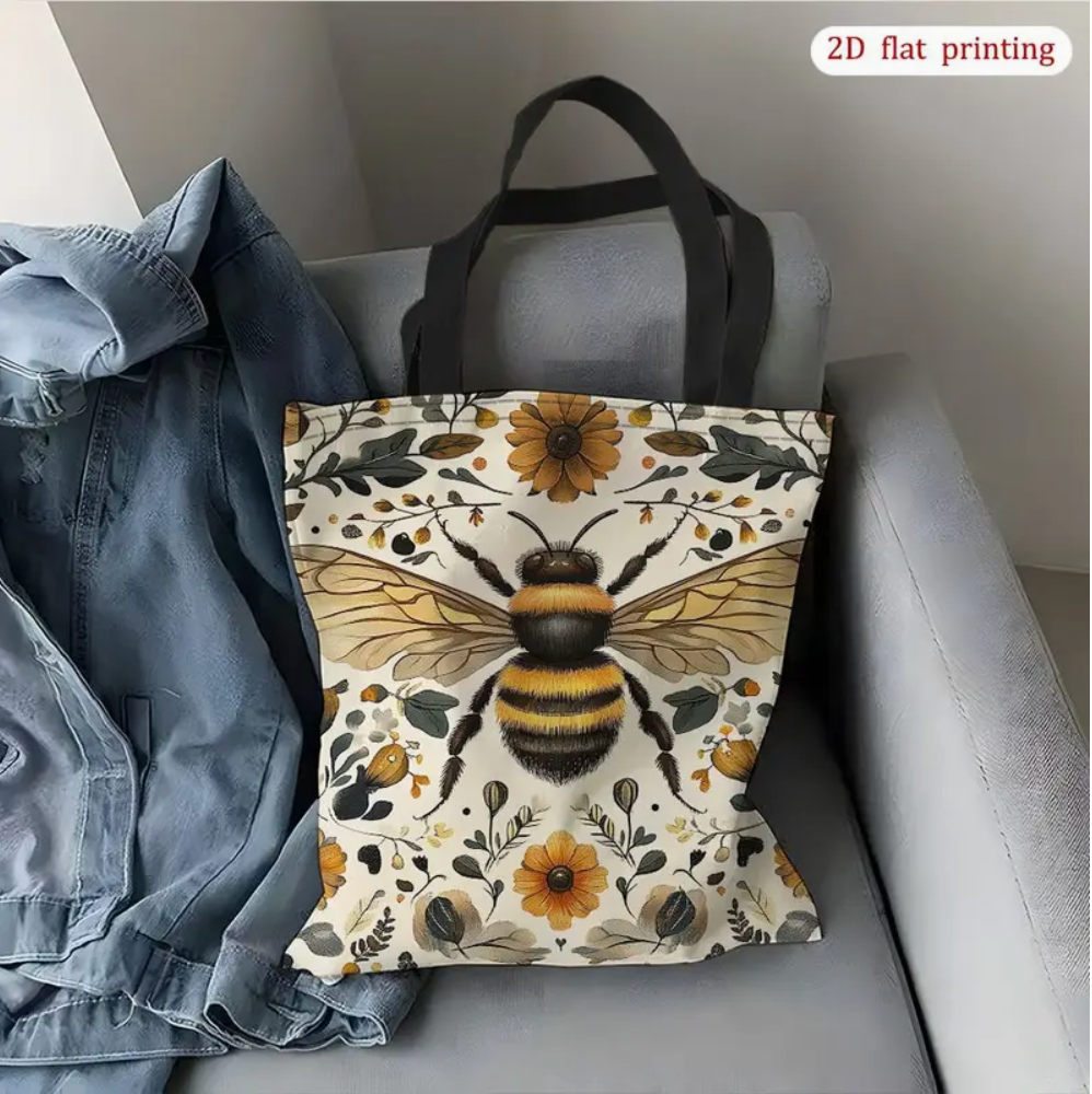 Bolsa de lona con diseño de abejas y flores