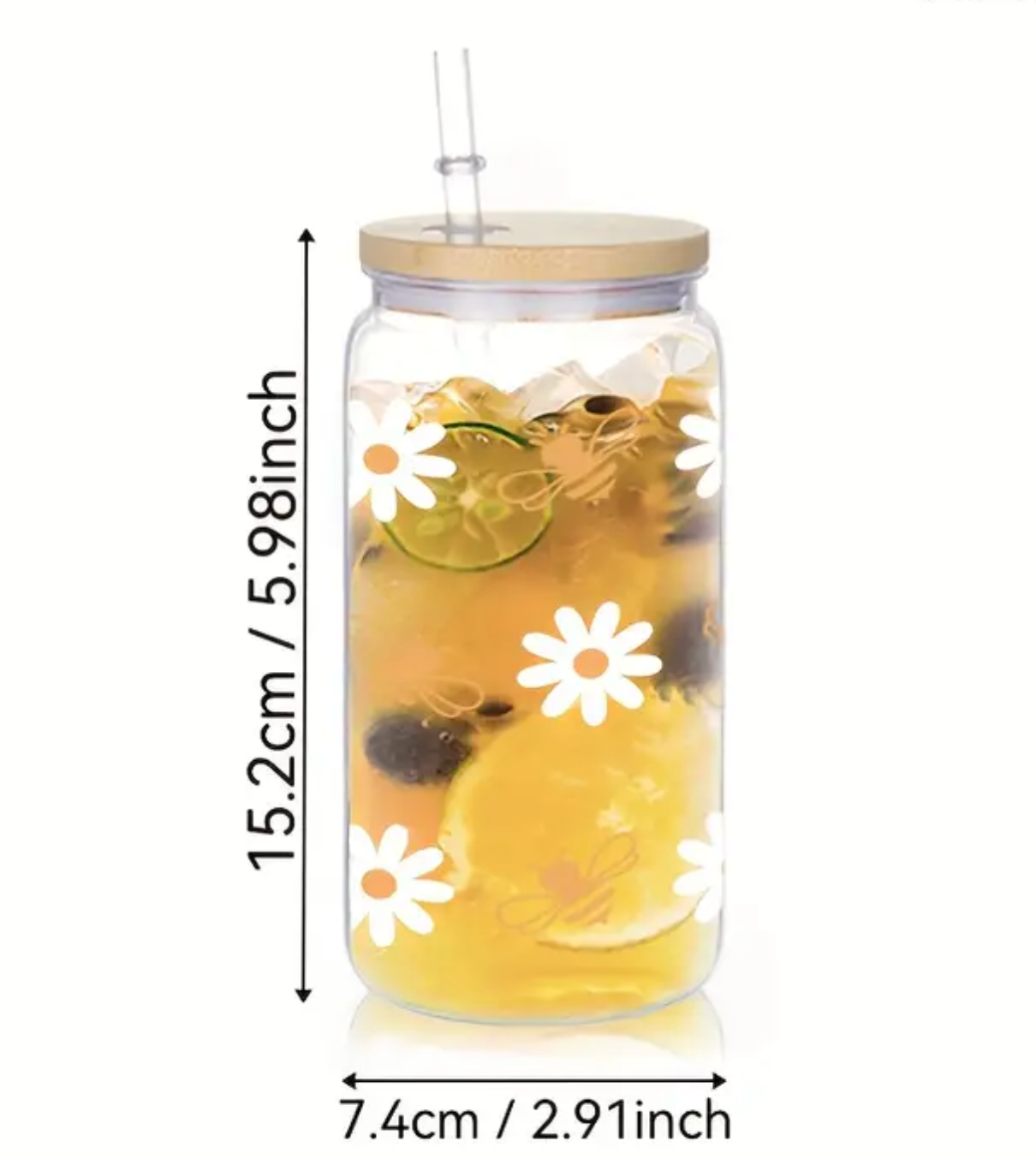 Vaso de cristal con pajita de cristal y diseño de margaritas y abejas