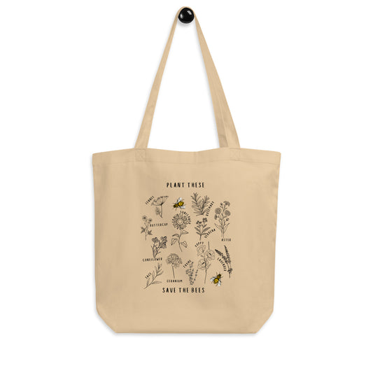Bolsa de tela con la frase "Planta esto y salva a las abejas"