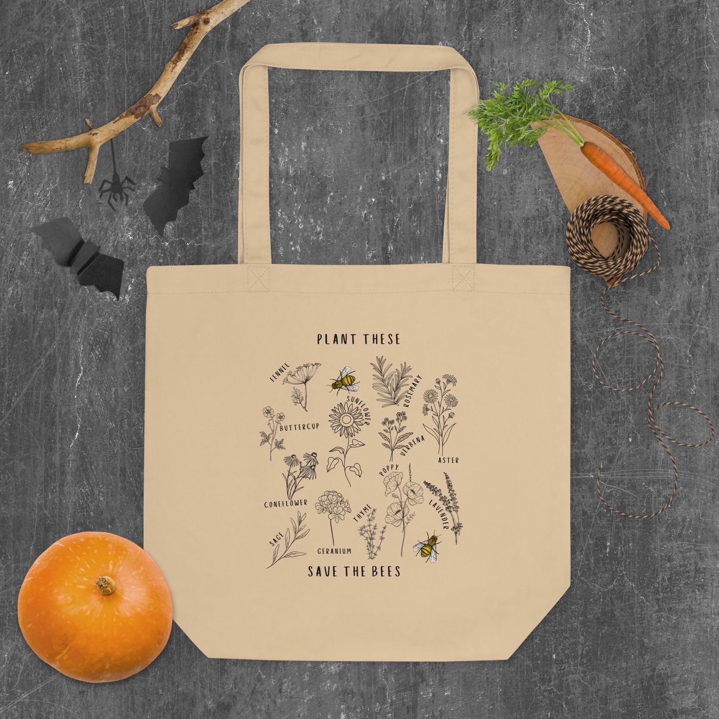 Bolsa de tela con la frase "Planta esto y salva a las abejas"