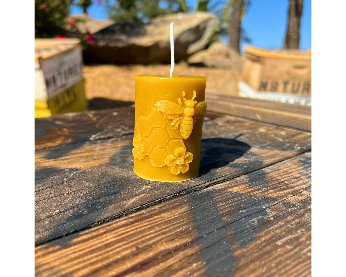 Beeswax Candle Honeycomb and Flowers Cylinder