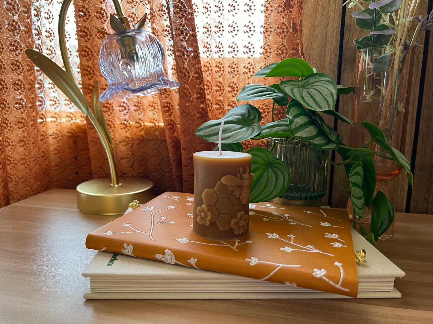 Beeswax Candle Honeycomb and Flowers Cylinder