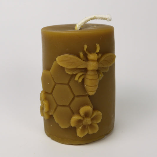 Honeycomb & Flowers Cylinder Beeswax Candle — 2.5" H × 2" W