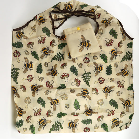 Bees and nature-themed tote bag with matching pouch on a white background