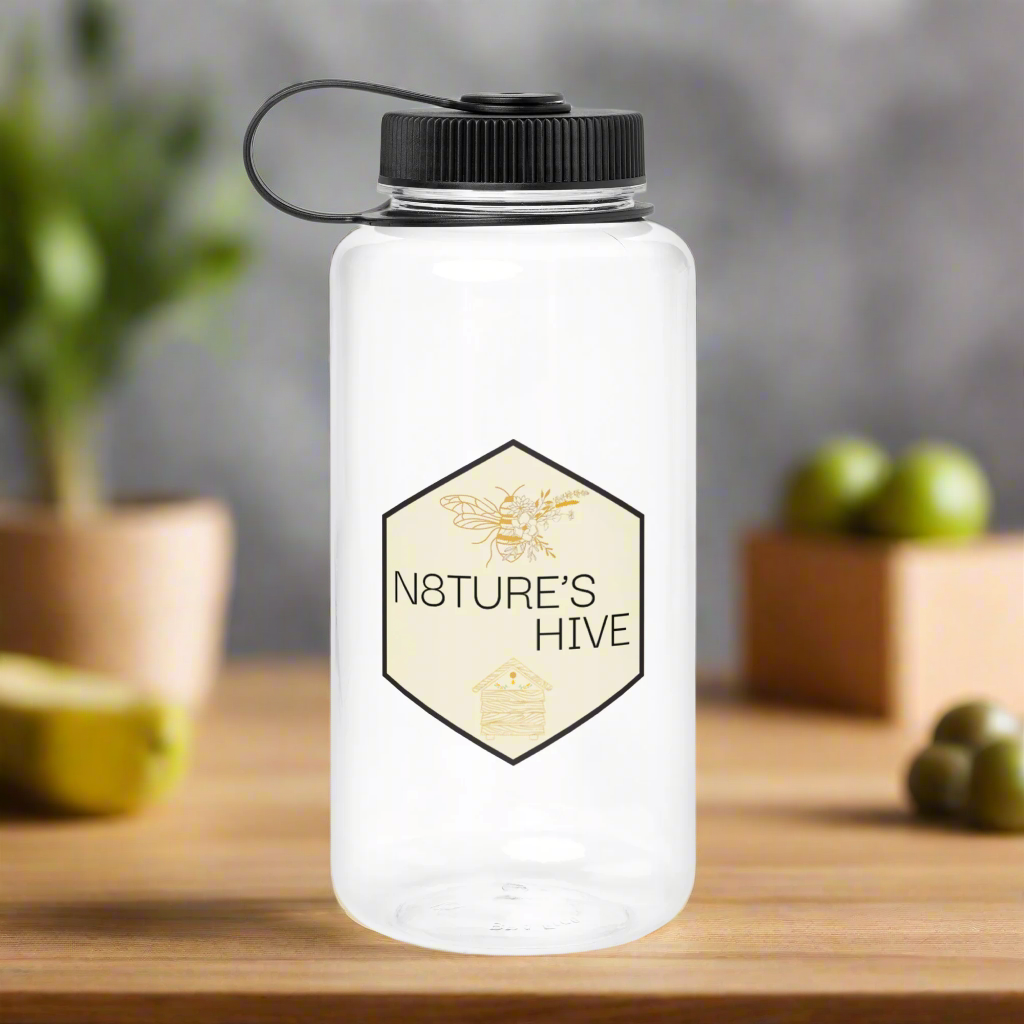 Wide mouth plastic water bottle BPA Free N8TURE'S HIVE logo